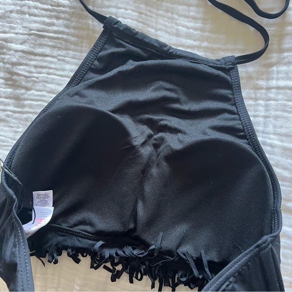 Black High Neck Bikini Top with Fringe. - Picture 6 of 6